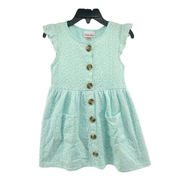 Little Lass Toddler Girls Aqua Eyelet Flutter Sleeve Dress 4T – A-Line - Picture 9 of 9